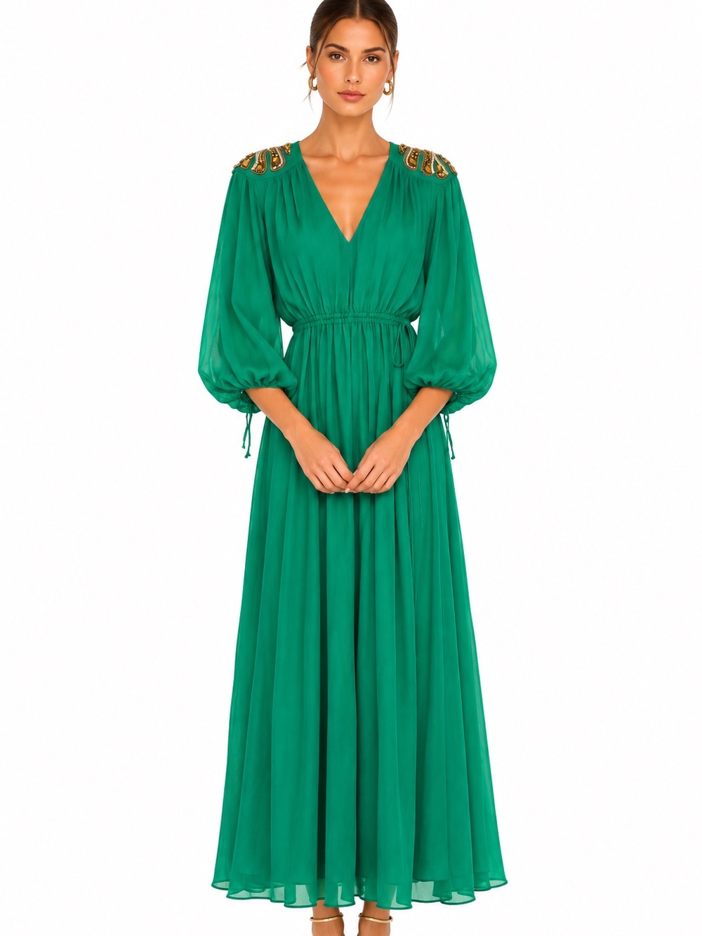 PINKO Emerald Green Embellished Shoulder italy Maxi Dress Size large 10